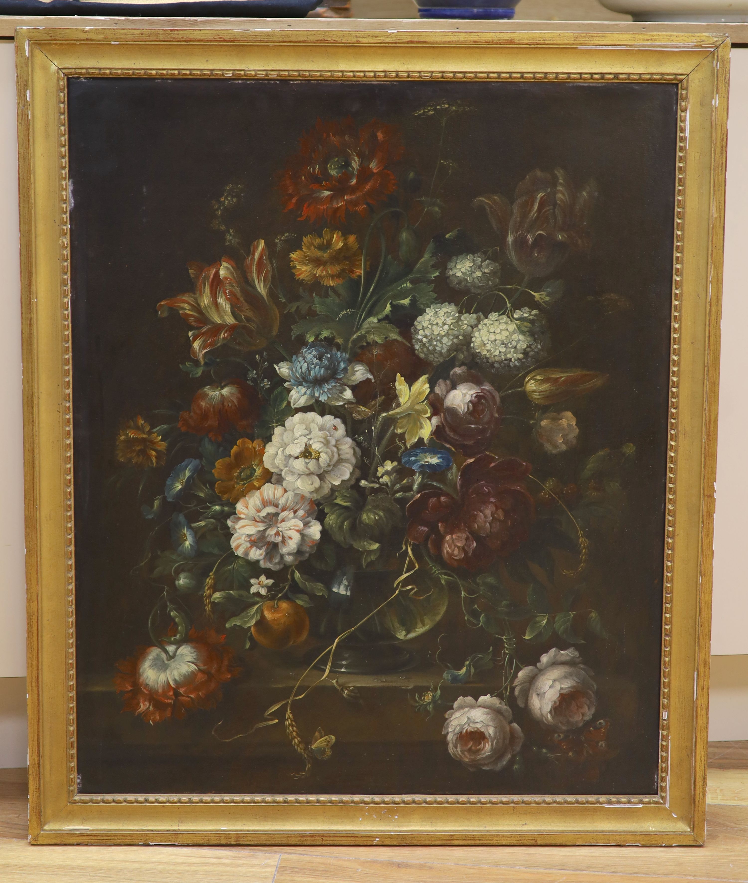 18th century Dutch School. Still life of flowers in a glass vase, oil on canvas, 28.75